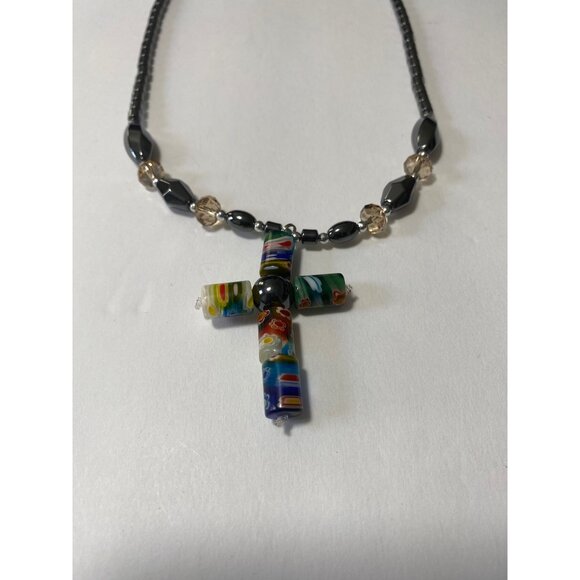 Hematite Cross Pendant Necklace Black Unisex - Picture 2 of 7